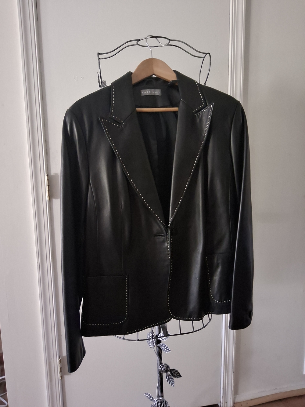 Kate Hill Genuine Leather Blazer Jacket Beige Contrast Stitching With Pockets